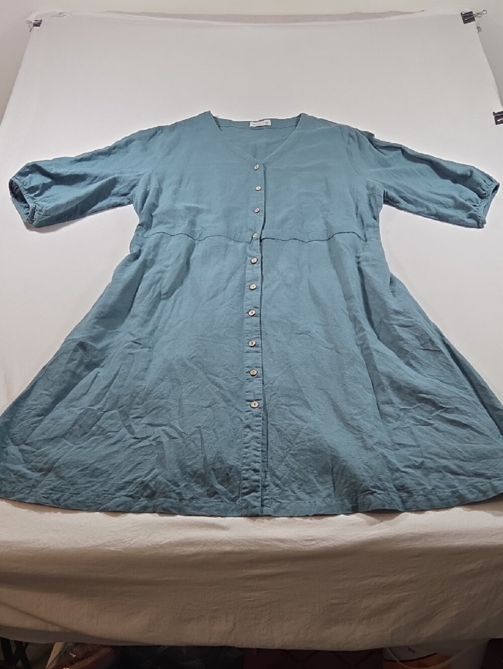 Grae Cove Light Blue V-Neck Button-Front Midi Dress Elastic Waist Lagenlook - Picture 7 of 12